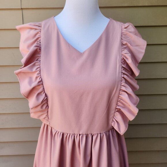 SHEIN Pink V-Neck Dress Ruffle Trim Solid Side Zip Sleeveless - Picture 4 of 13
